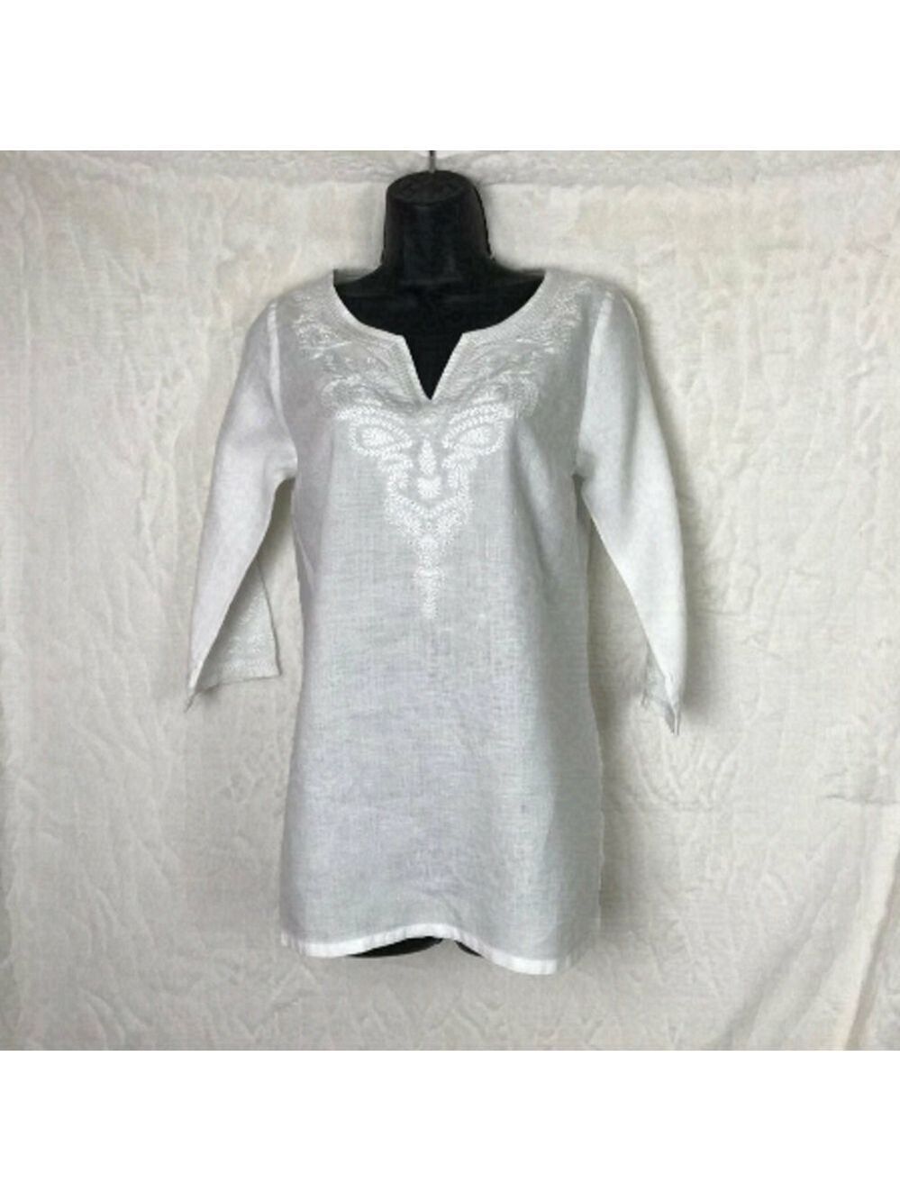 Tommy Bahama White 100% Linen Embroidered Top Size XXS